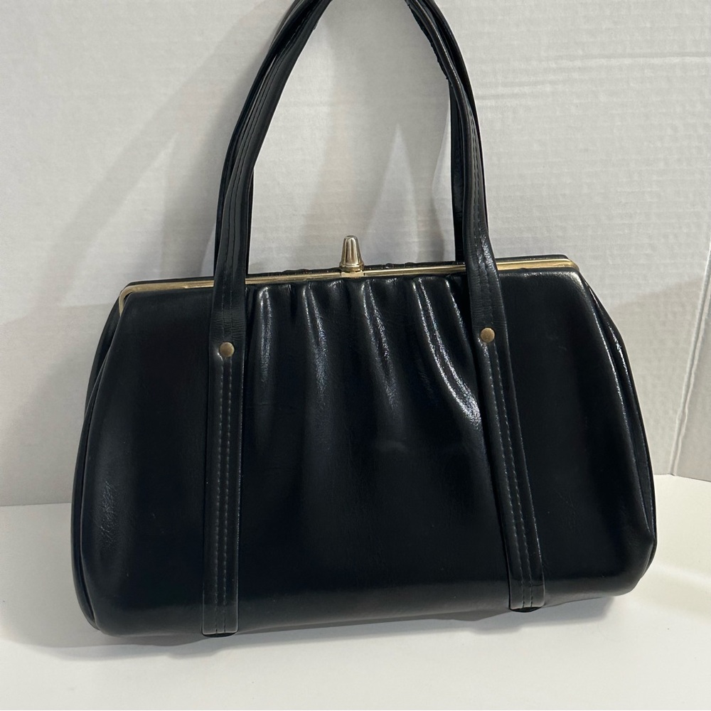 Vintage Black Textured Leather Top Handle Frame Bag – Cleaned & Conditioned